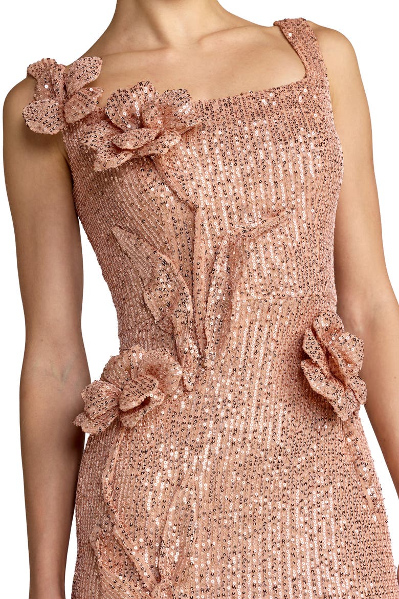 Sleeveless Sequin Column Gown With 3D Flowers, Alternate, color, Copper
