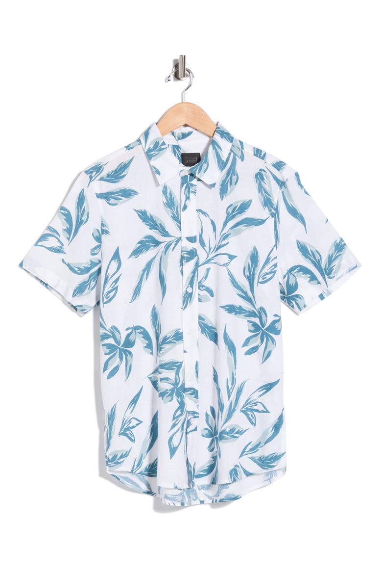 Tropics Linen & Cotton Button-Up Shirt, Main, color, WHITE- TEAL GESTURAL TROPICS