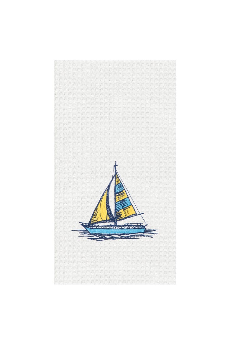 Sail Boat Embroidered Waffle Weave Cotton Kitchen Towel, Main, color, White
