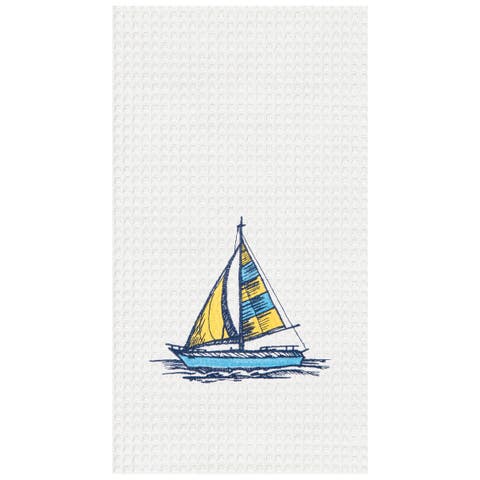 Sail Boat Embroidered Waffle Weave Cotton Kitchen Towel