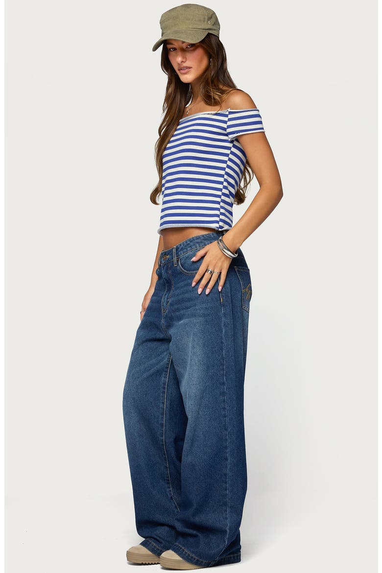Striped French Terry Off the Shoulder Top, Alternate, color, BLUE-AND-WHITE