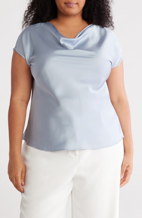 Cowl Neck Short Sleeve Satin Top (Plus)
