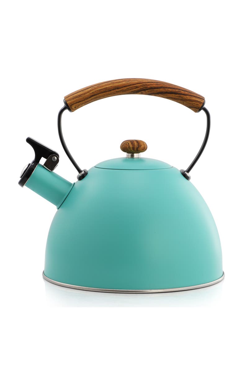 Megachef 3.2 Quart Whistling Tea Kettle with Wood Grain Nylon Cool Touch Handle, Alternate, color, Matte Turquoise