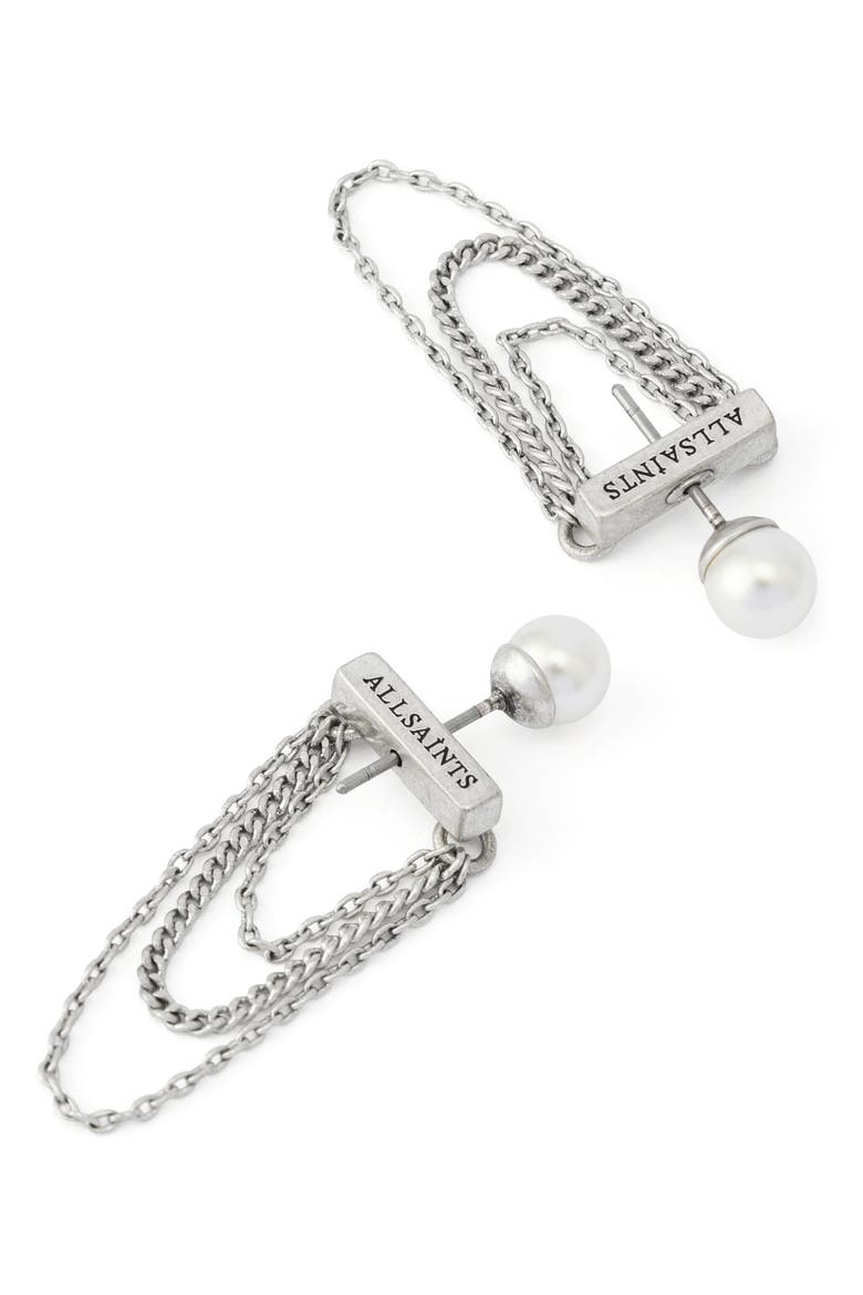 Faux Pearl Swag Chain Front/Back Earrings, Alternate, color, PEARL/ WARM SILVER