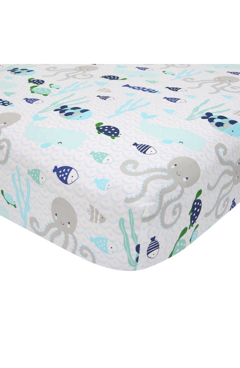 Lambs & Ivy Oceania 100% Cotton Whale with Octopus and Fish Nautical Ocean Theme Fitted Crib Sheet, Main, color, Blue