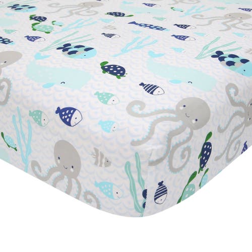 Lambs & Ivy Oceania 100% Cotton Whale With Octopus And Fish Nautical Ocean Theme Fitted Crib Sheet In Blue