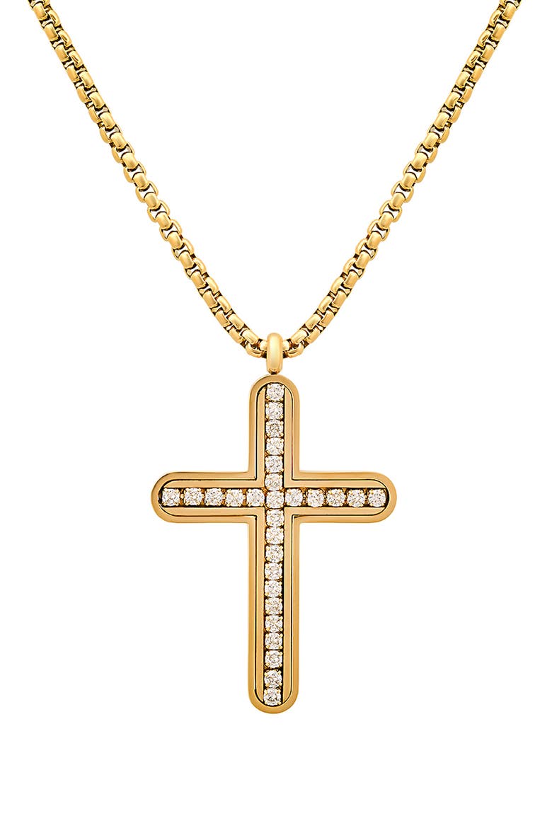 Men's 18K Gold Plated Stainless Steel Cubic Zirconia Cross Pendant Necklace, Main, color, GOLD