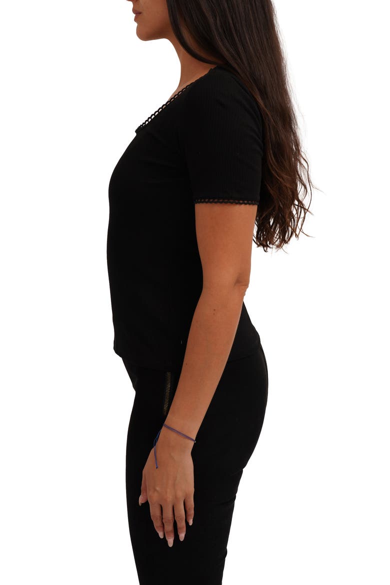 Scallop Trim Short Sleeve Ribbed Top, Alternate, color, BLACK