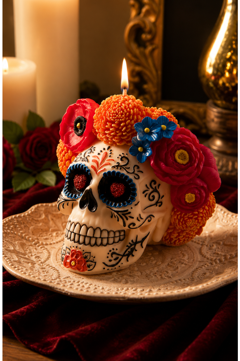 Day of the Dead Floral Skull Candle, Alternate, color, Off-white / Floral