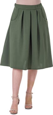 24seven Comfort Apparel Elastic Waist Pleated Knee Length Pocket Skirt
