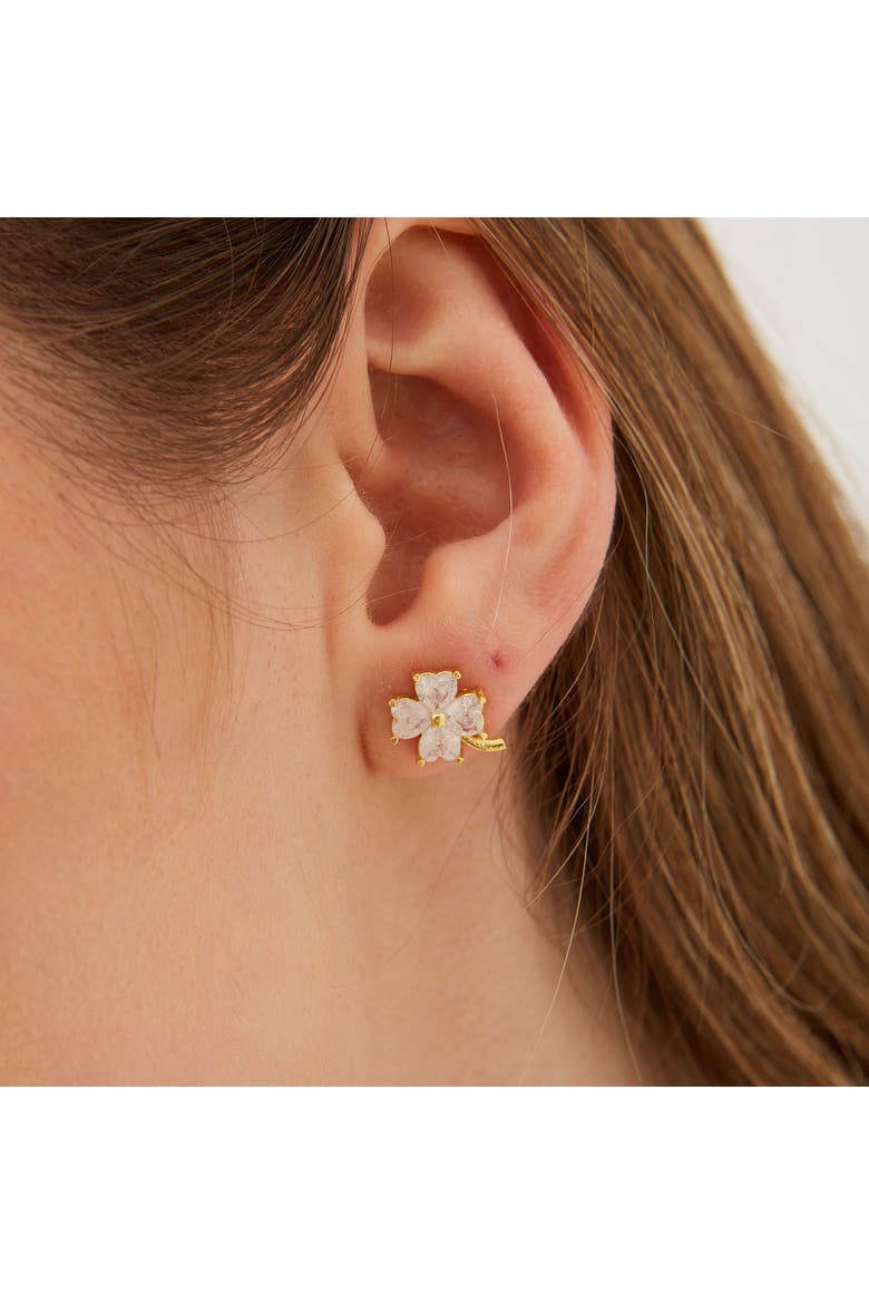 Four Leaf Clover Sterling Silver Stud Earrings - White, Alternate, color, Gold