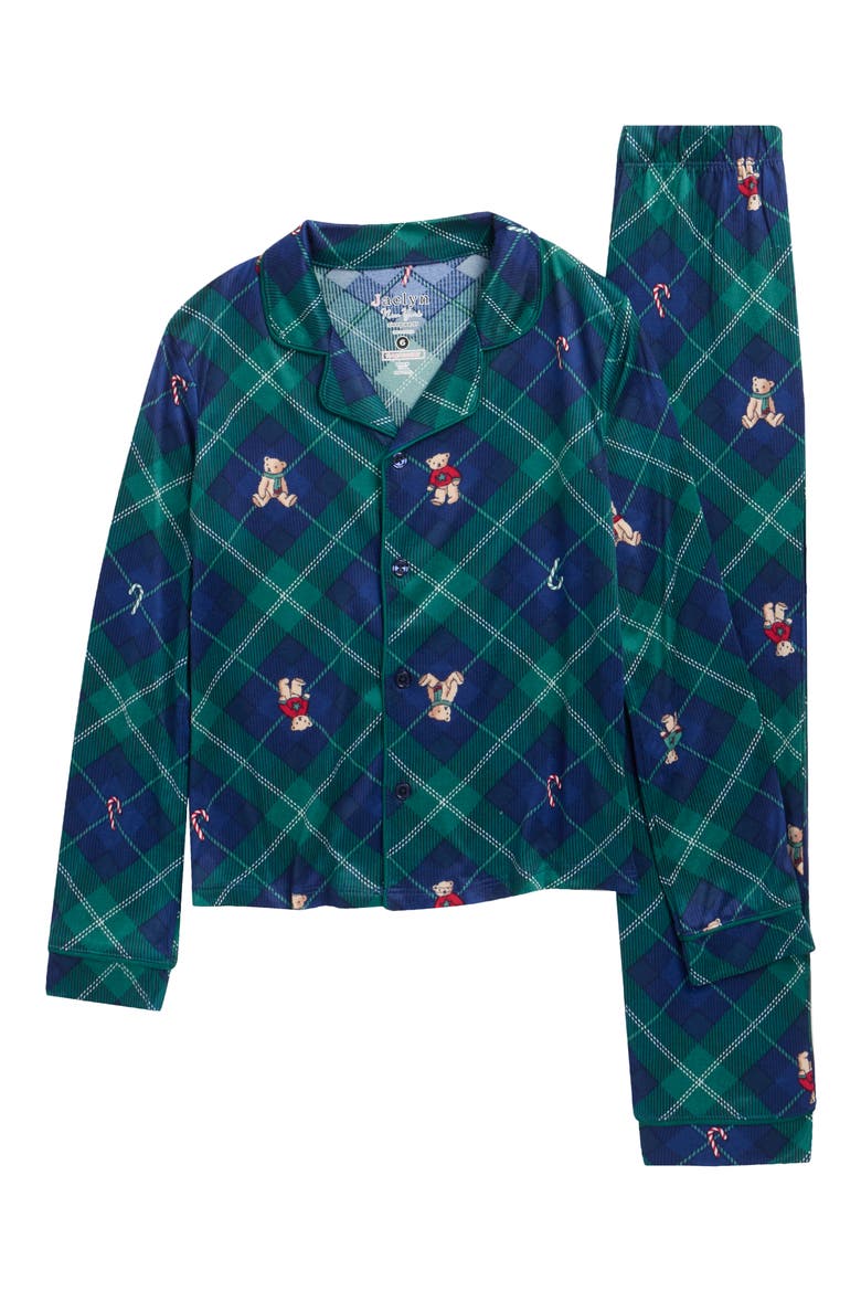 Kids' Argyle Teddy Bear Fitted Two-Piece Pajamas, Main, color, NAVY BIAS BEAR PLAID