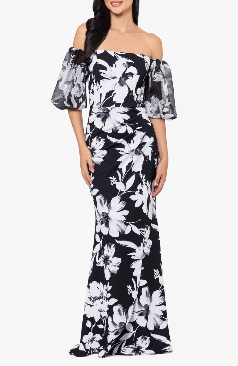 Xscape Evenings Floral Off the Shoulder Puff Sleeve Scuba Sheath Gown, Main, color, Black/ White