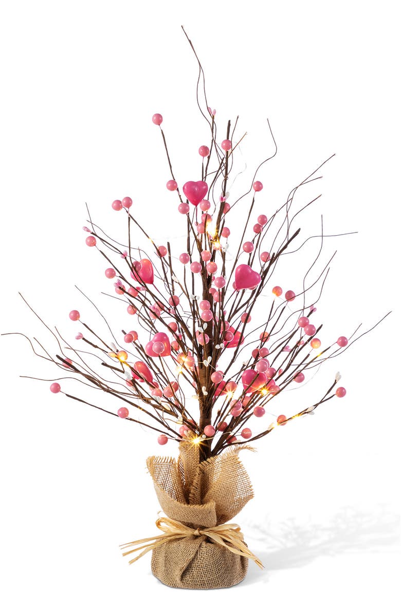 Glitzhome 20"H Lighted Valentine's Pink Berry Heart Table Tree, Main, color, Red