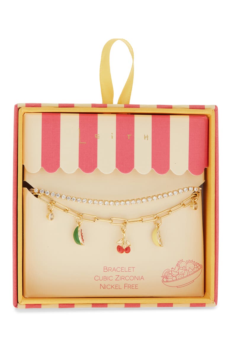Cubic Zirconia & Fruit Charm Layered Slider Bracelet, Main, color, RED MULTI- GOLD
