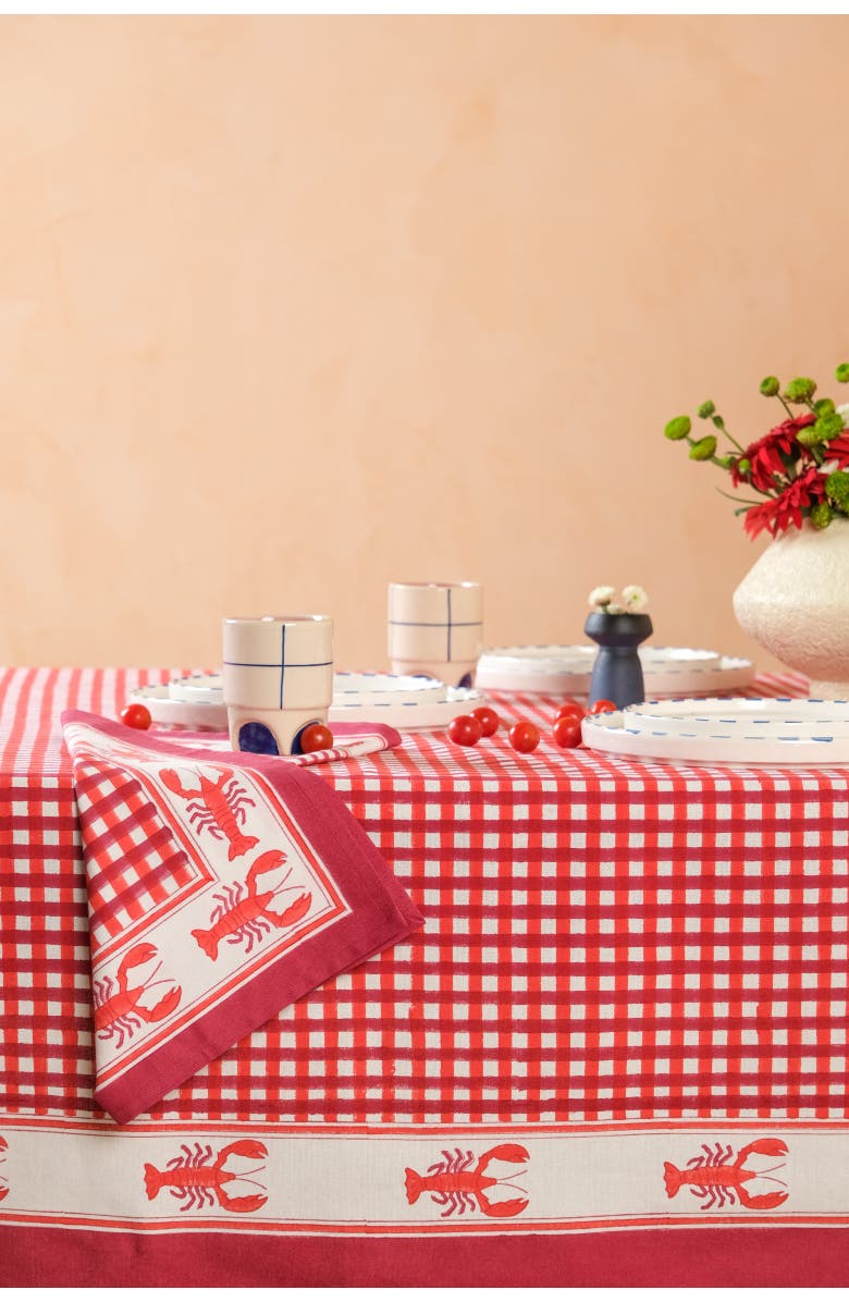 Inner Child Lobster Red Gingham Blockprint Tablecloth, Alternate, color, 60X90