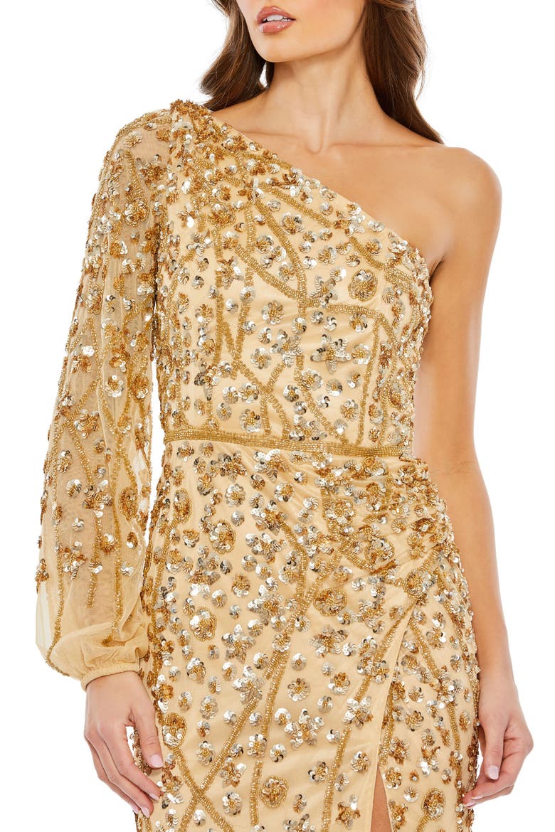 Embellished One Sleeve Faux Wrap Gown, Alternate, color, Gold