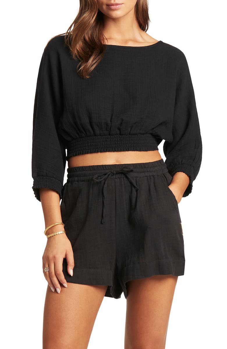 Sea Level Sunset Crop Blouse, Main, color, Black