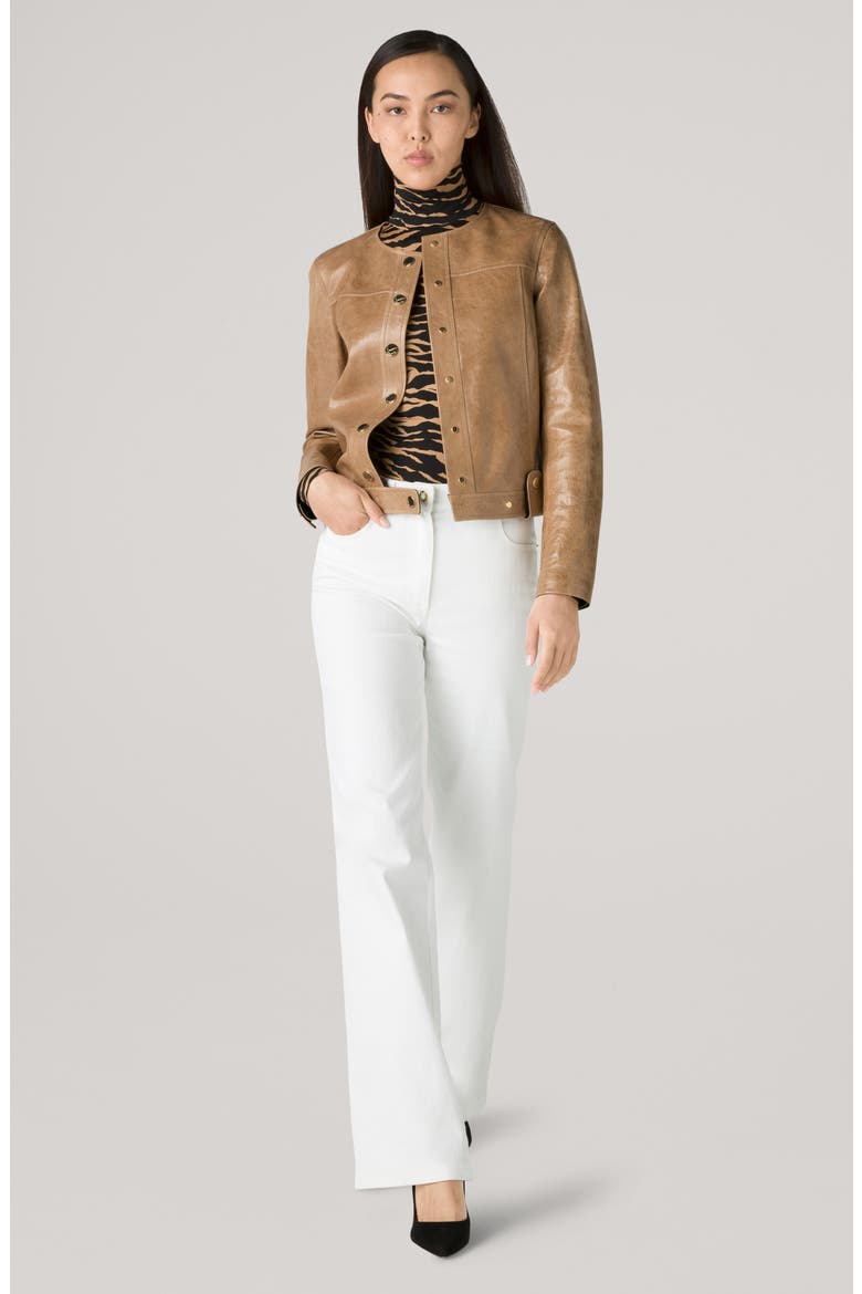 Snap Detail Leather Jacket, Alternate, color, CAMEL