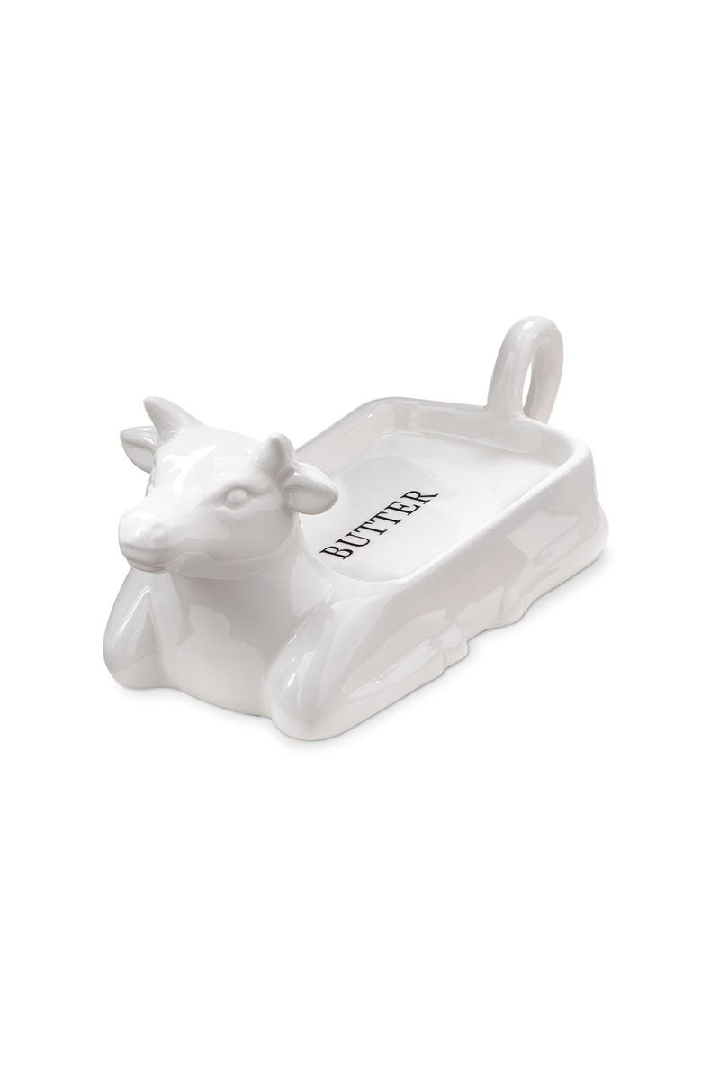 tag Farmhouse Christmas Cow Shaped White Stoneware Butter Dish, Main, color, White
