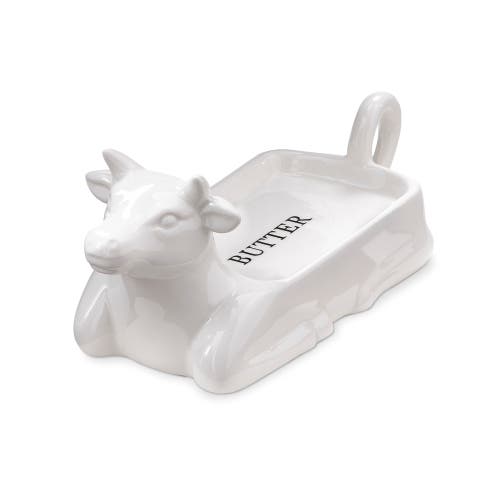 Tag Farmhouse Christmas Cow Shaped White Stoneware Butter Dish In White