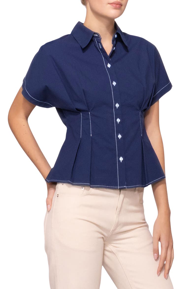 Godet Short Sleeve Button-Up Shirt, Alternate, color, NAVY