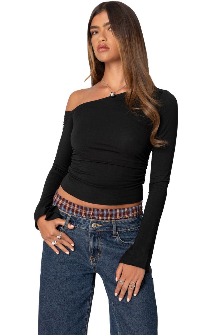 Stacie Ruched One-Shoulder Top, Alternate, color, BLACK