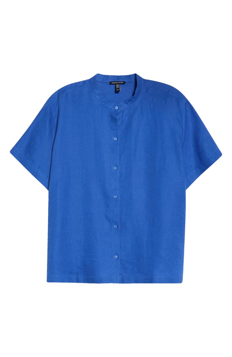 Eileen Fisher Mandarin Collar Short Sleeve Organic Linen Button-Up Shirt, Alternate, color, Sapphire
