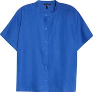Eileen Fisher Mandarin Collar Short Sleeve Organic Linen Button-Up Shirt