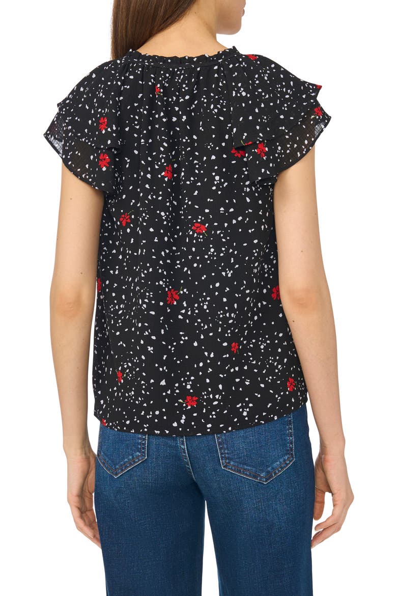 Floral Dot Flutter Sleeve Split Neck Top, Alternate, color, RICH BLACK