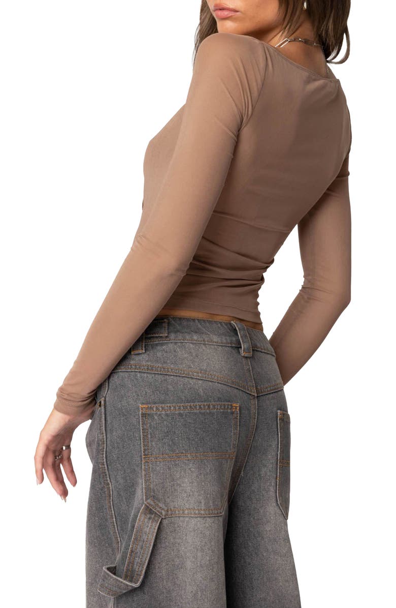 EDIKTED Marta Mesh Crop Top, Alternate, color, Brown