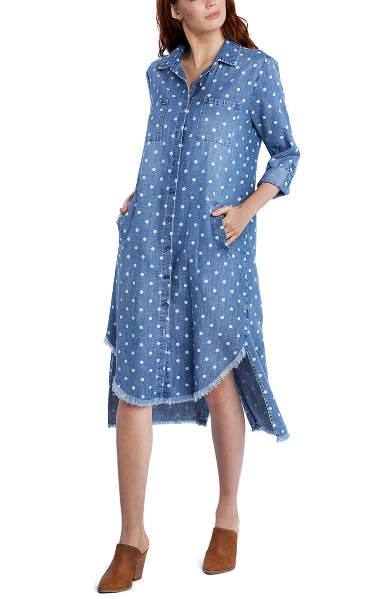 Billy T Three-Quarter Sleeve High-Low Chambray Shirtdress, Alternate, color, Dots