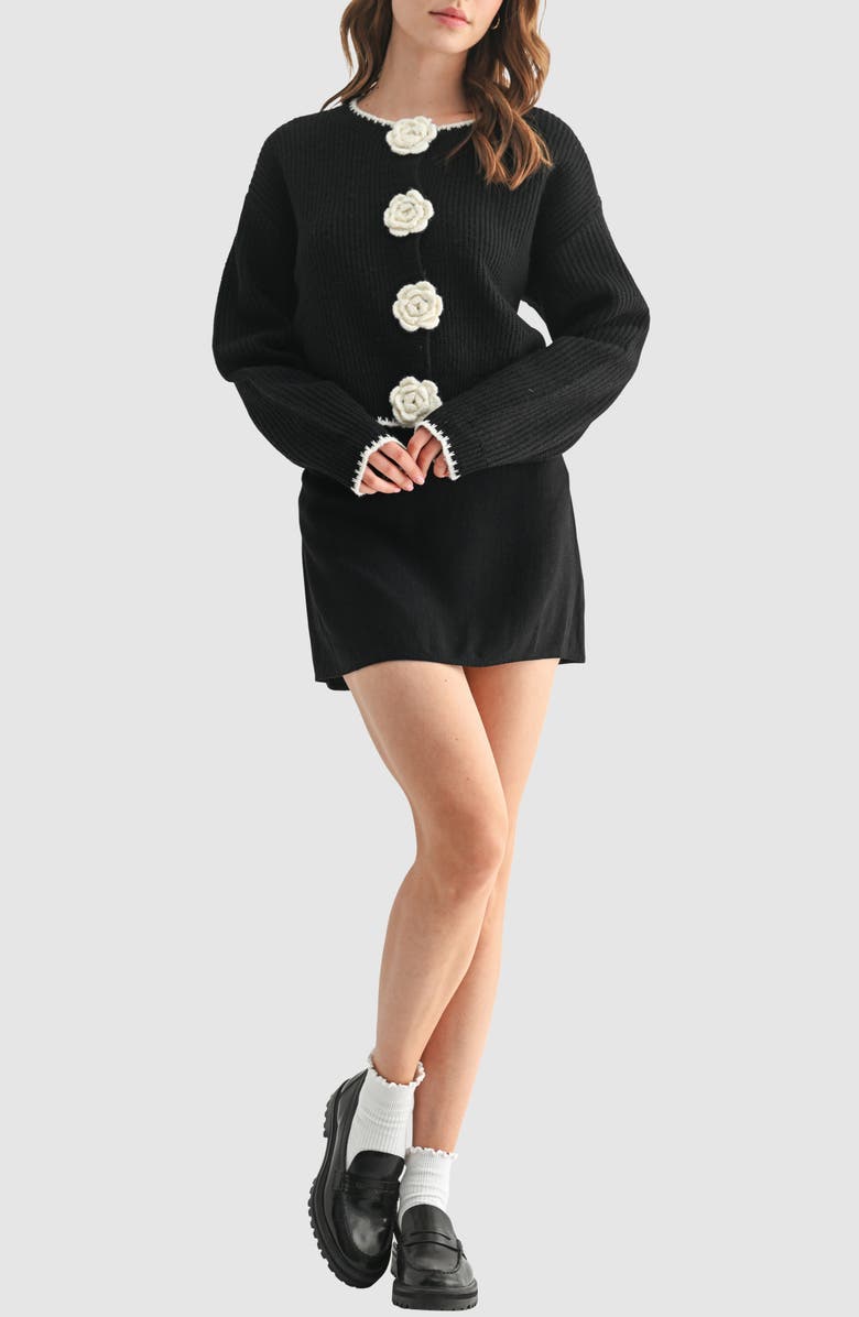 Lush Contrast Rosette Trim Cardigan Sweater, Alternate, color, Black White