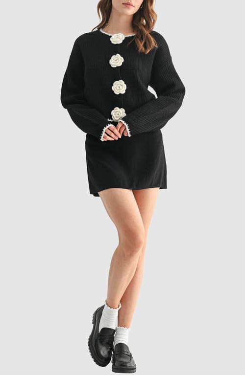 Lush Contrast Rosette Trim Cardigan Sweater In Black