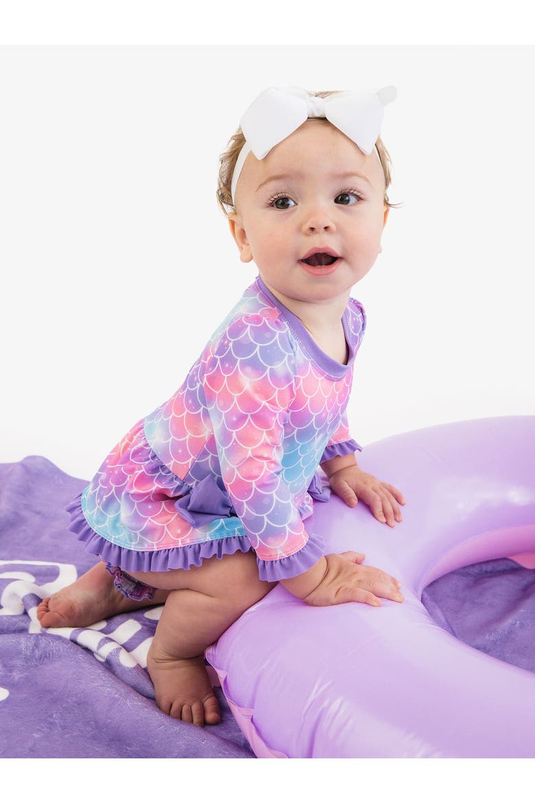 UPF50+ Long Sleeve One Piece Bow Peplum Rash Guard Swimsuit, Alternate, color, Shimmer Mermaid Tale