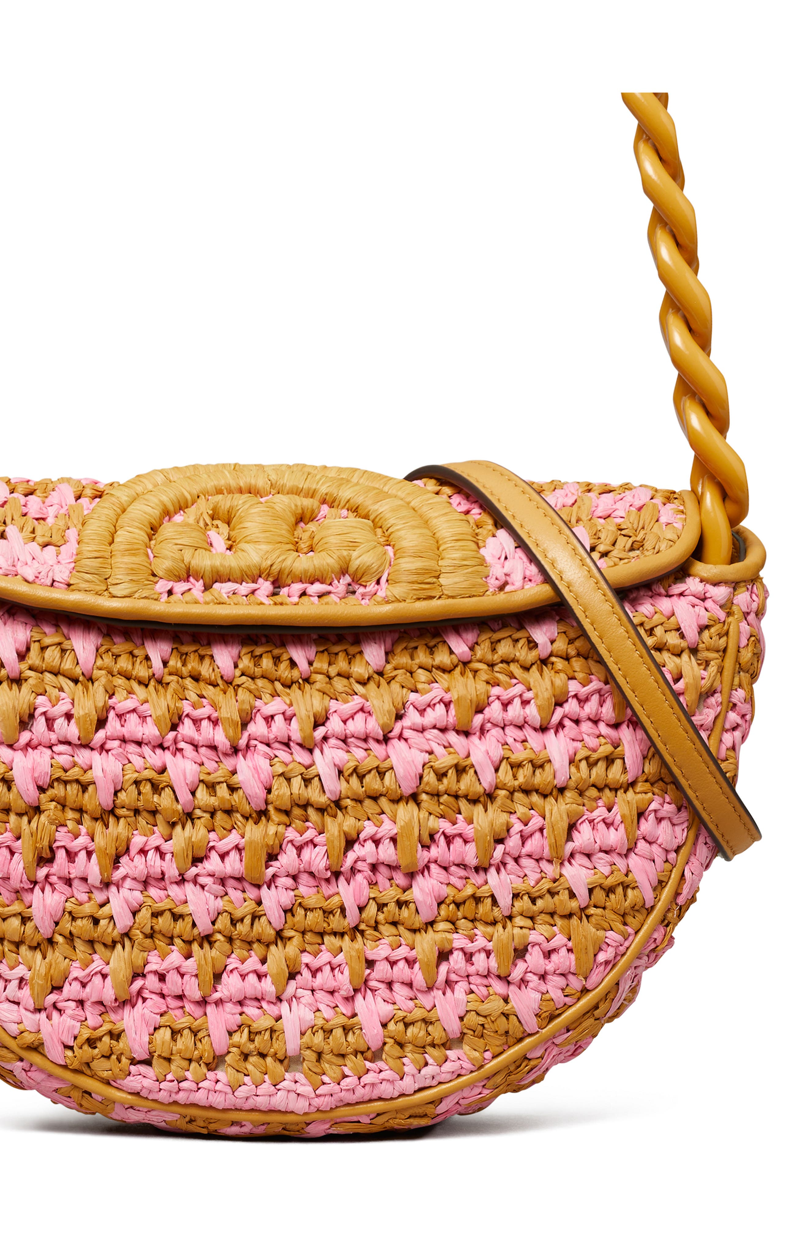 Tory Burch Mini Fleming Soft Raffia Crochet Crescent Shoulder Bag, Alternate, color, 
