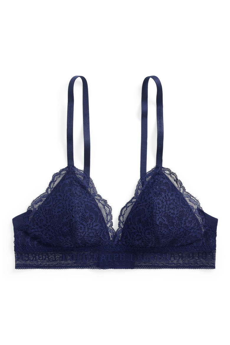 Lace & Stretch Cotton Rib Triangle Bralette, Alternate, color, NAVY
