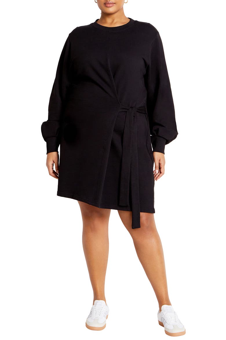 Arla Long Sleeve Faux Wrap Sweatshirt Dress, Main, color, BLACK