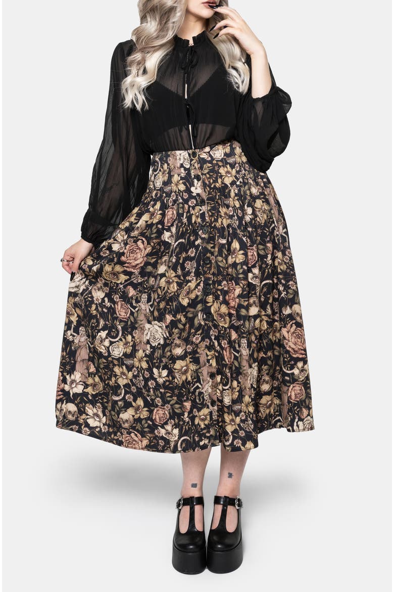 Triple Goddess Button Down Midi Skirt, Alternate, color, Black
