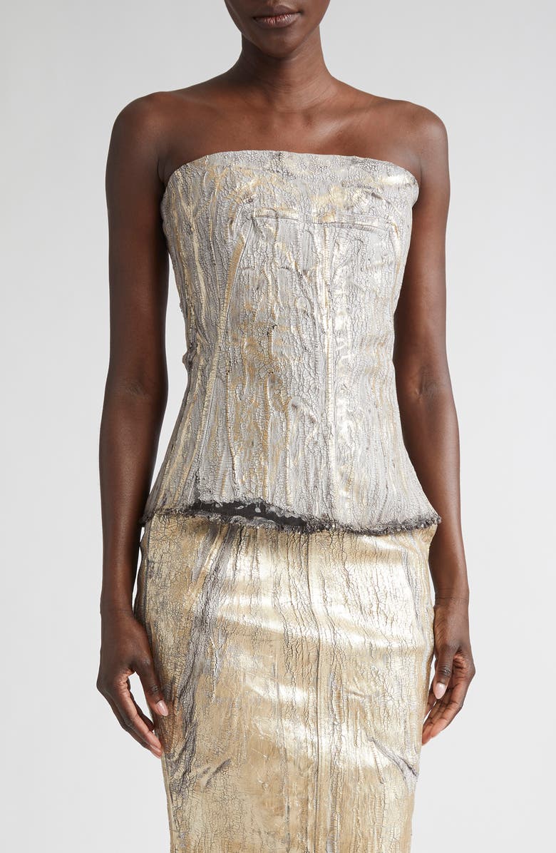 Rick Owens Coated Metallic Denim Bustier Top, Main, color, 