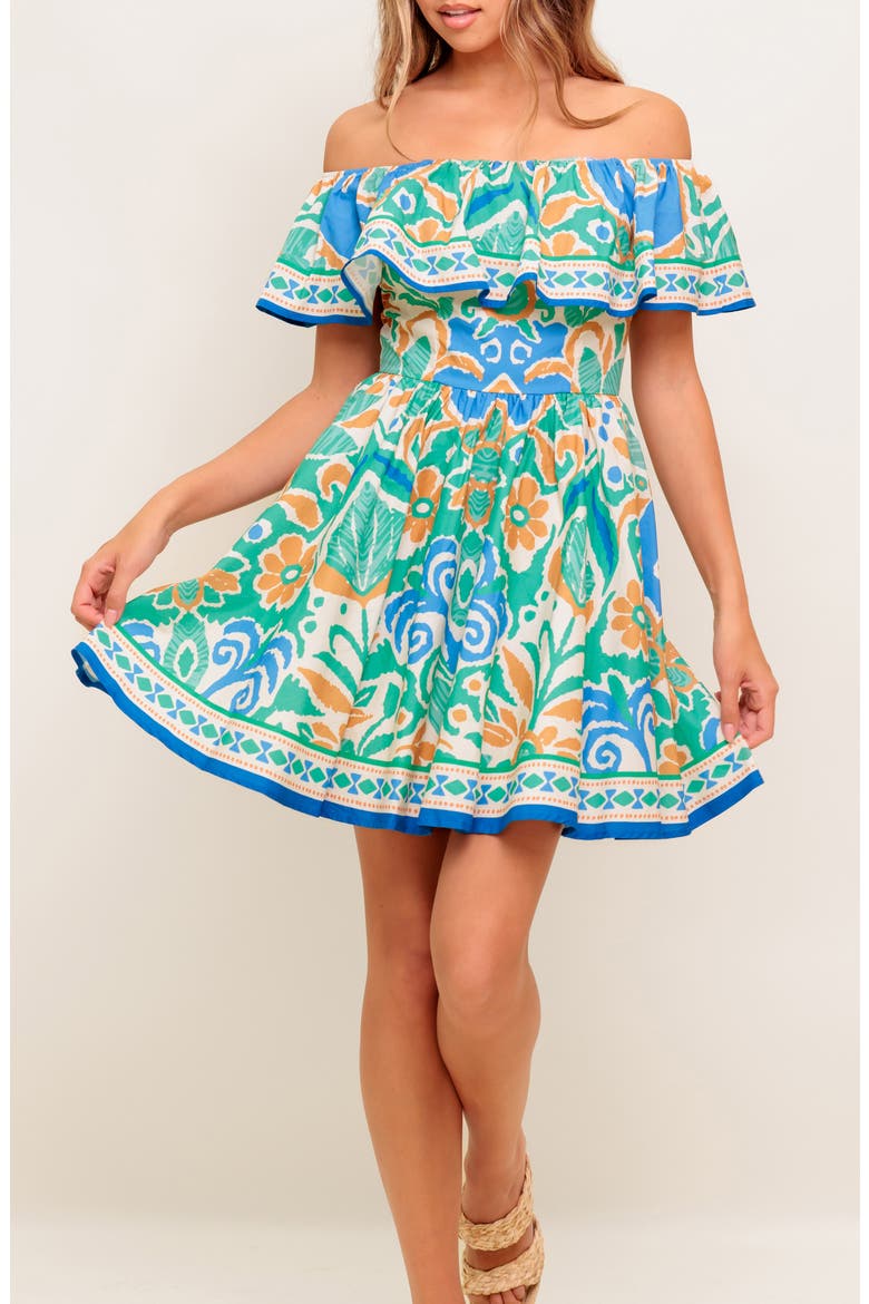 Off-the-Shoulder Print Mini Dress, Alternate, color, SAGE BLUE