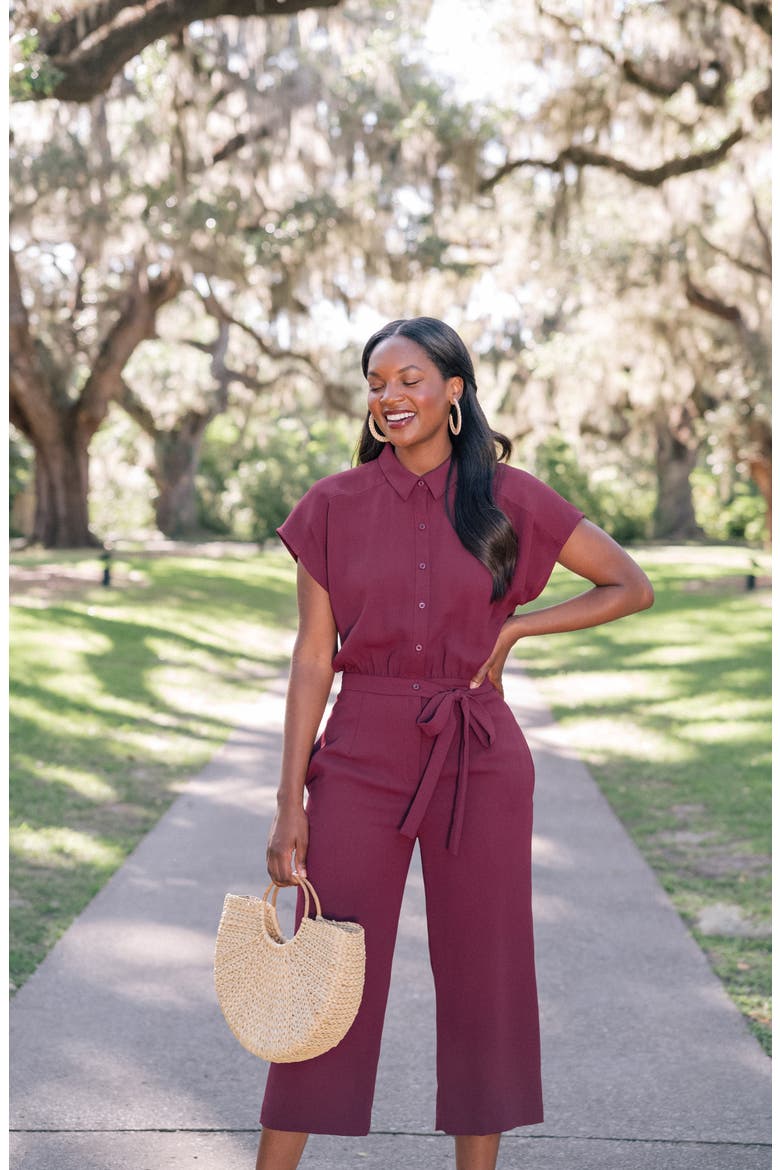 Button Front Crepe Jumpsuit, Alternate, color, PORT