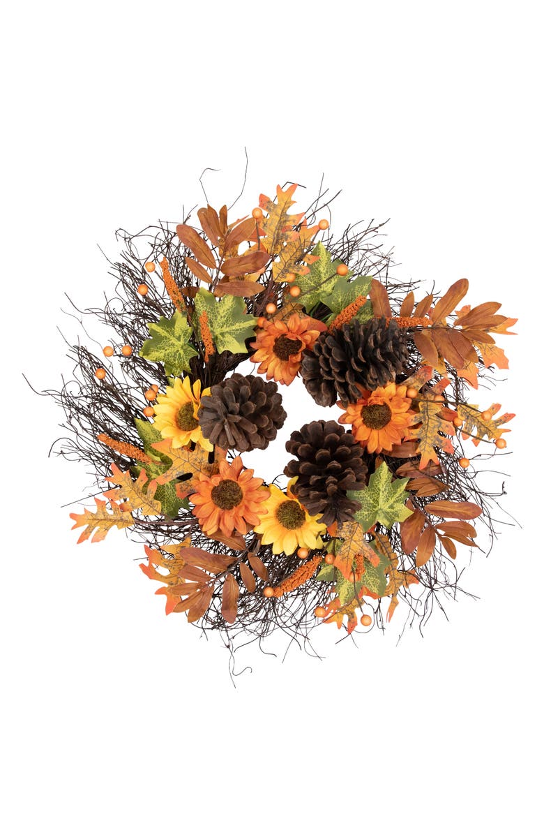 Northlight Sunflowers and Pinecones Artificial Fall Harvest Twig Wreath - 24", Main, color, Orange