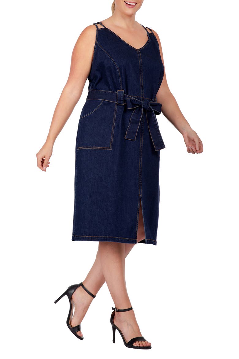Double Strap Tie Waist Denim Midi Dress, Alternate, color, INDIGO RINSE
