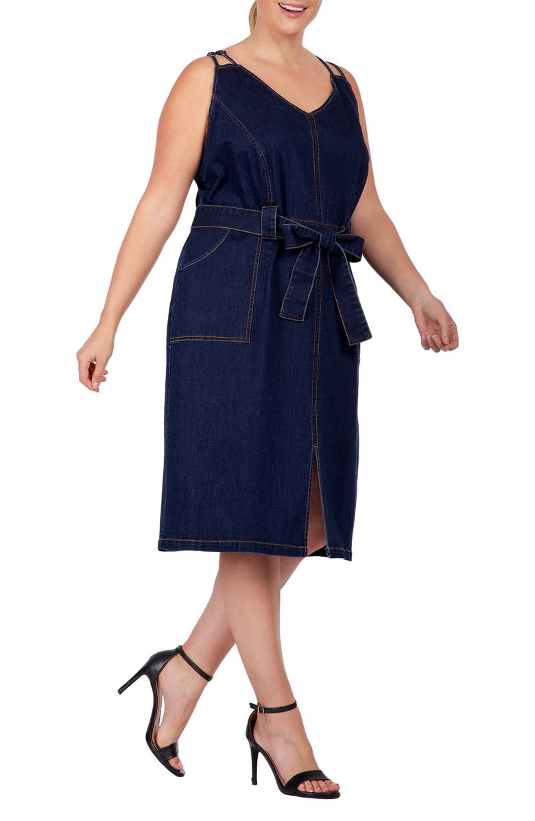 Standards & Practices Double Strap Tie Waist Denim Midi Dress, Alternate, color, Indigo Rinse