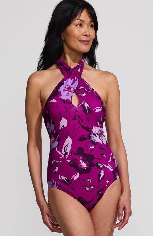Lands' End Criss Cross Halter Tankini Swimsuit Top In Crimson Rose Abstract Floral