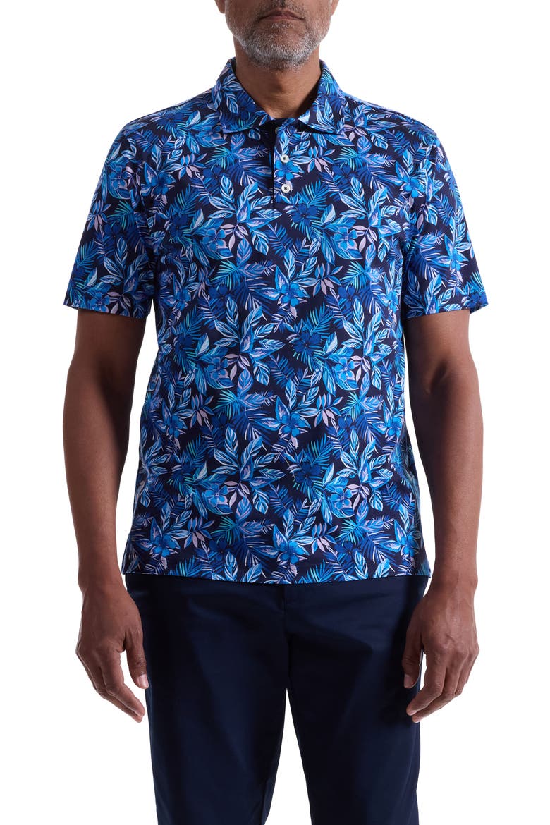 Hendrix Digital Cerulean Floral Print Pima Cotton Polo, Main, color, NAVY