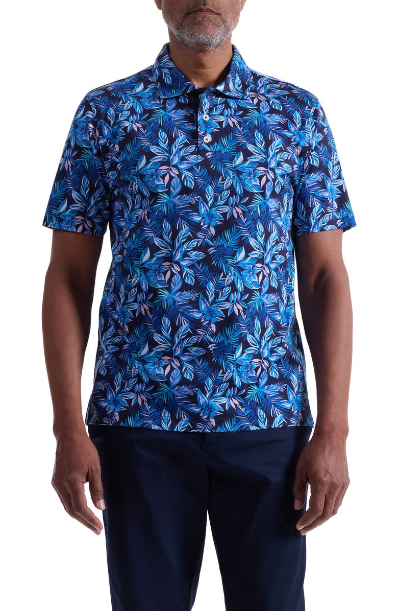 Bugatchi Hendrix Digital Cerulean Floral Print Pima Cotton Polo, Main, color, Navy