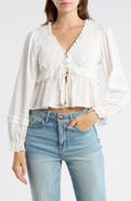 Lush Embroidered Eyelet Long Sleeve Peplum Crop Top