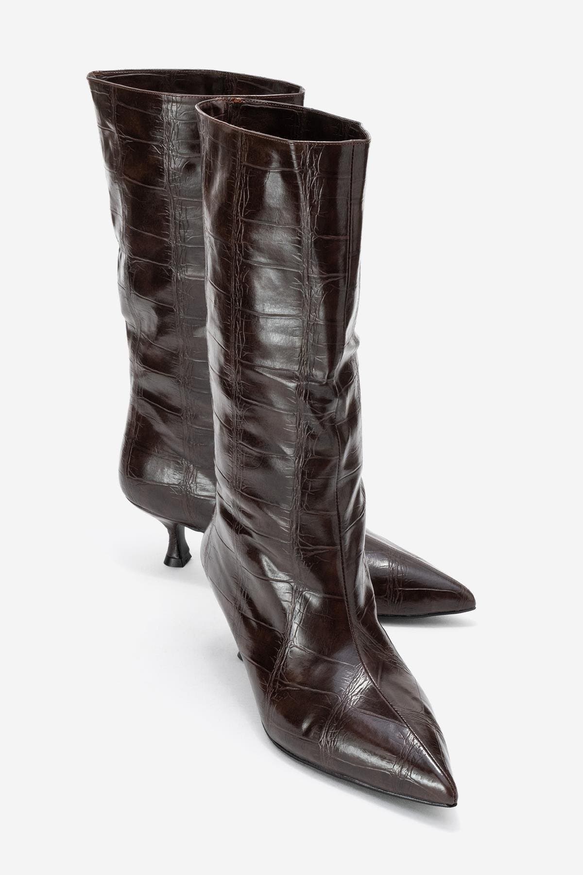 Prologue Shoes Crow Embossed Pointed Toe Boot, Alternate, color, Brown Print Faux Leather